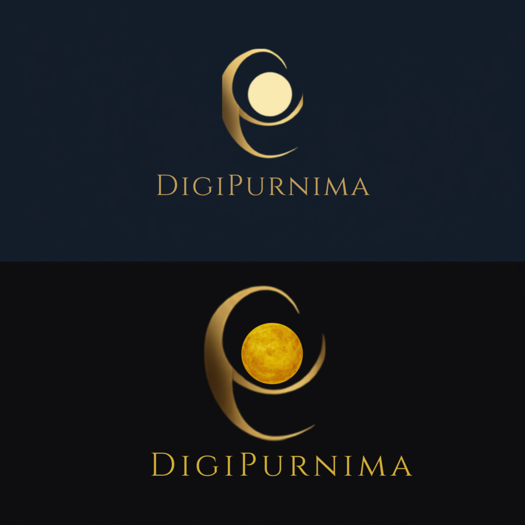 stylized 'p' and full moon logo digipurnima